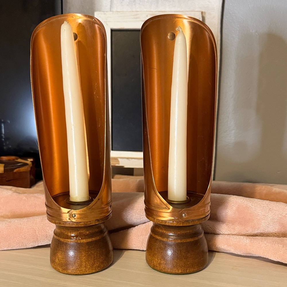 Vintage 1970’s Copper & Wood chamber candleholders